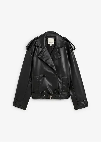 Kurze Trenchjacke aus Kunstleder in schwarz von vorne - bonprix
