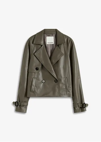 kurzer Lederimitat-Trenchcoat in grün von vorne - bonprix