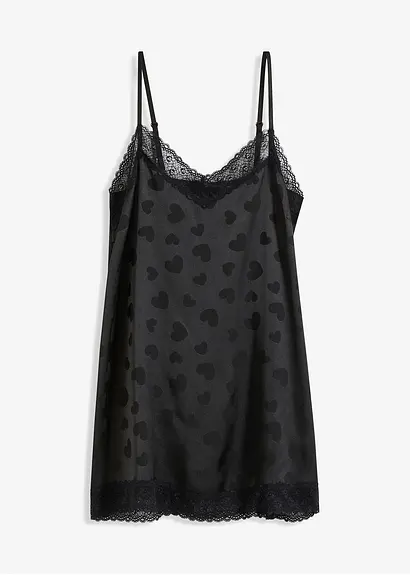 Satin Negligé mit Herzchendesign in schwarz von vorne - bonprix