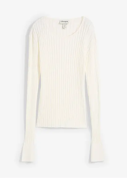 Geripptes Strickshirt in weiß von vorne - bonprix