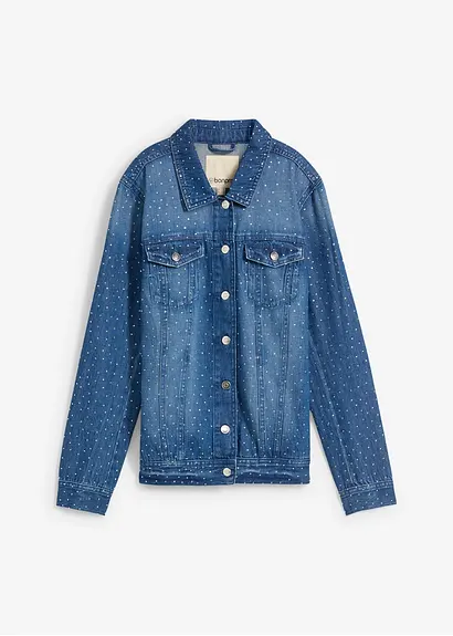 Jeansjacke mit Strasssteinen in blau von vorne - bonprix