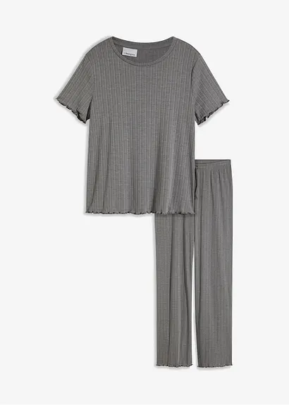 Pyjama aus Rippe in grau von vorne - bonprix