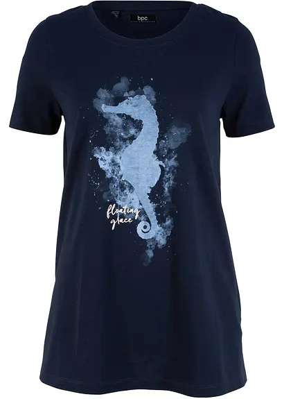 T-Shirt mit Seepferdchen Druck aus Bio-Baumwolle in blau von vorne - bonprix