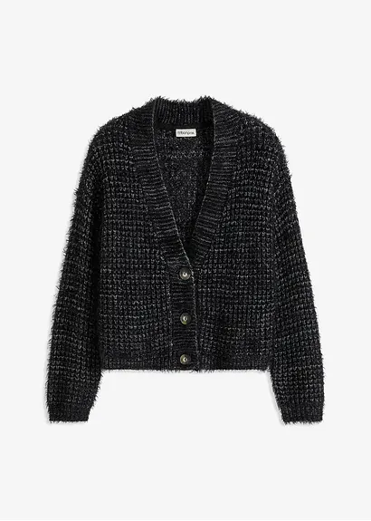 Oversize-Strickjacke mit Bändchengarn in schwarz von vorne - bonprix