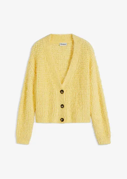 Oversize-Strickjacke mit Bändchengarn in gelb von vorne - bonprix