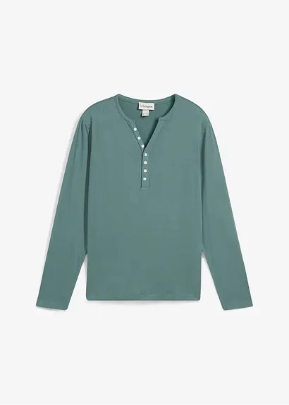 Langarm-Henleyshirt aus reiner Bio-Baumwolle, Slim Fit in grün von vorne - bonprix