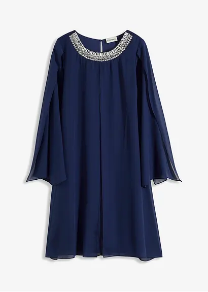 Chiffonkleid mit Strassstein-Applikation in blau von vorne - bonprix