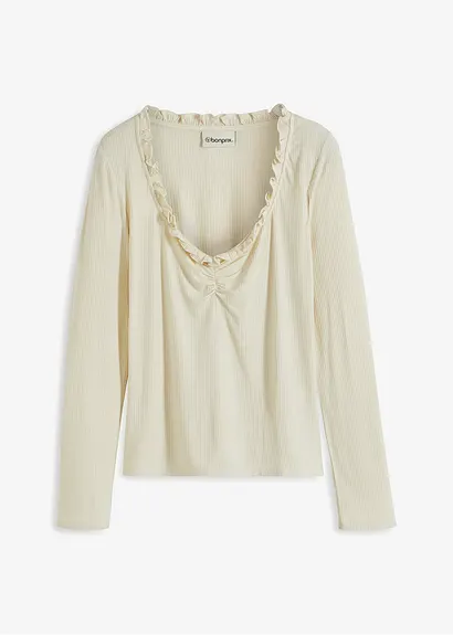 Rippshirt mit Raffung und Volant in beige von vorne - bonprix
