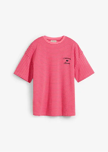 Gestreiftes T-Shirt mit Stickerei in pink von vorne - bonprix