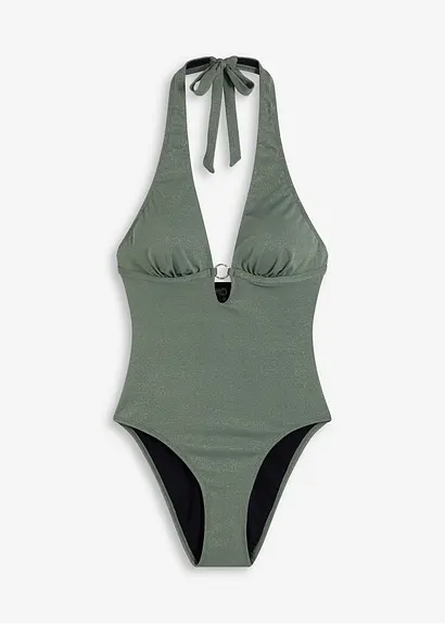 Neckholder Badeanzug mit Glanzfäden in grün von vorne - bonprix