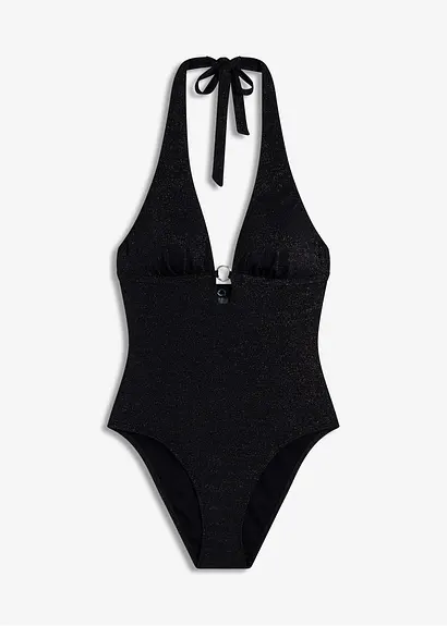 Neckholder Badeanzug mit Glanzfäden in schwarz von vorne - bonprix
