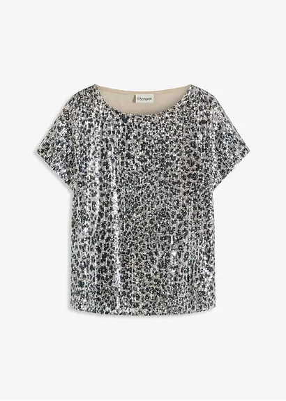 Pailettenshirt mit Leopardenmuster in beige von vorne - bonprix