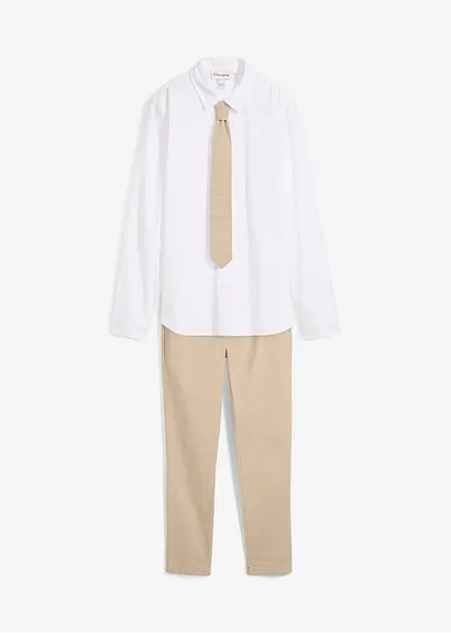 Chinohose, Langarmhemd und Krawatte (3-tlg.Set) in beige von vorne - bonprix