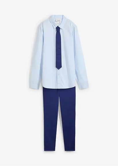 Chinohose, Langarmhemd und Krawatte (3-tlg.Set) in blau von vorne - bonprix