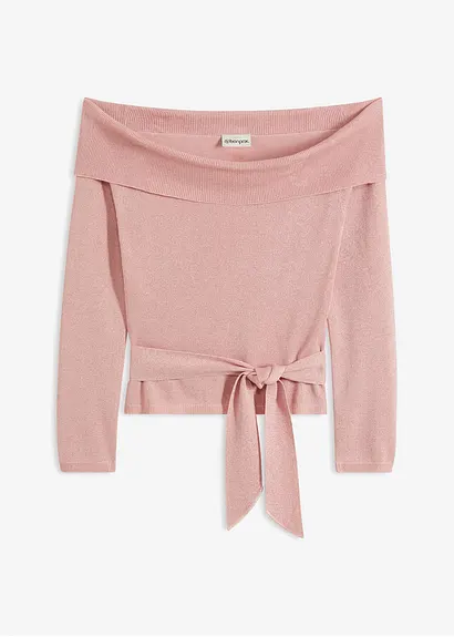 Kurzer Off-Shoulder-Pullover mit Glitzer in rosa von vorne - bonprix
