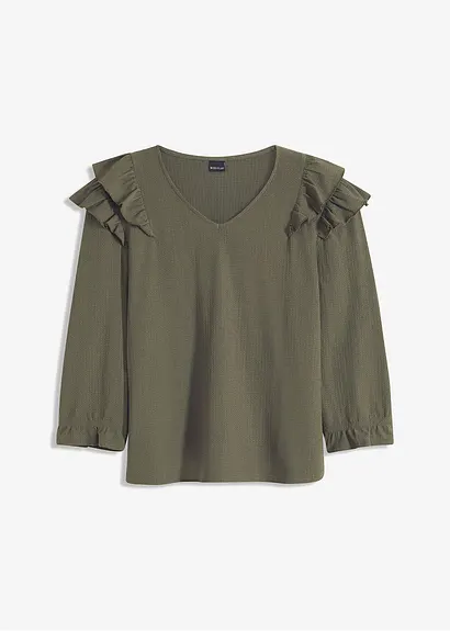 Struktur-Shirt mit Volants in grün von vorne - bonprix