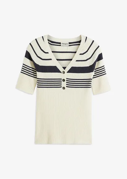 Feinstrickpullover mit dekorativen Knöpfen in beige von vorne - bonprix