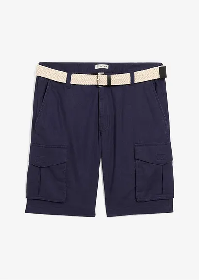 Regular Fit Cargo-Bermuda mit Gürtel aus Leinen-Mix in blau von vorne - bonprix
