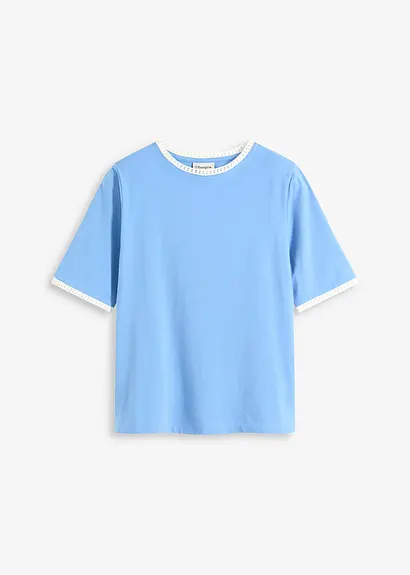 Shirt mit Spitzenborte in blau von vorne - bonprix
