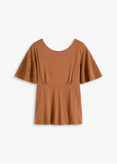 Shirt mit Spitzenärmeln in braun von vorne - bonprix