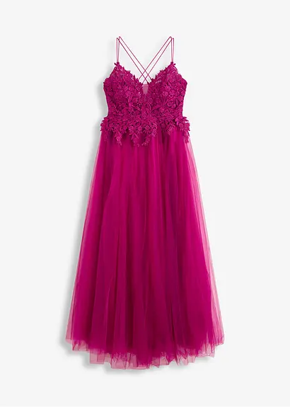 Maxikleid aus zartem Tüll mit Spitze in pink von vorne - bonprix