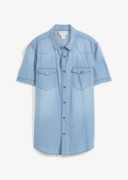 Jeanshemd, Kurzarm aus reiner Bio-Baumwolle, Slim Fit in blau von vorne - bonprix