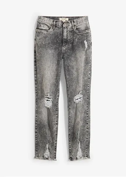 Mom-Jeans High Waist mit Destroy-Effekten in grau von vorne - bonprix