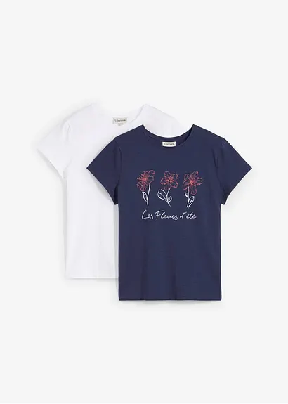 Basic T-Shirt mit Druck (2er Pack) in blau von vorne - bonprix