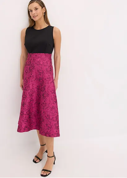 Midikleid mit Rock aus glänzendem Jacquard in blau von vorne (Totalaufnahme) - bonprix