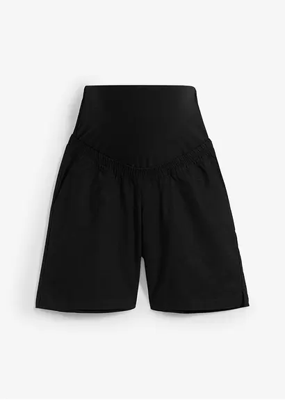 2-in-1 Umstandsbermuda mit Bauchband zum Umklappen aus Leinen und Baumwolle in schwarz von vorne - bonprix