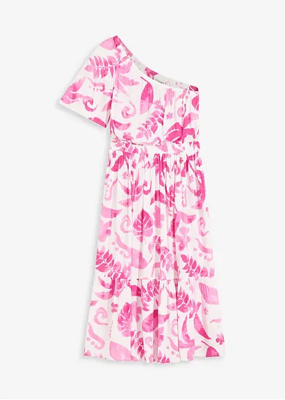 bedrucktes One-Shoulder-Kleid aus strukturierter Viskose in weiß von vorne - bonprix