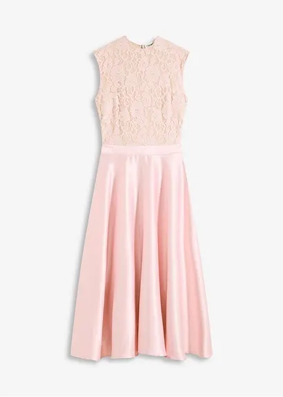 Midikleid aus glänzendem Satin mit Spitze in rosa von vorne - bonprix