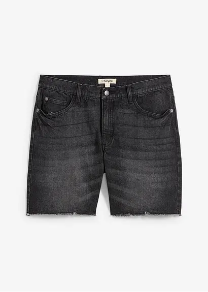 Stretch-Jeans-Shorts mit offenen Saumkanten, Relaxed Fit in schwarz von vorne - bonprix