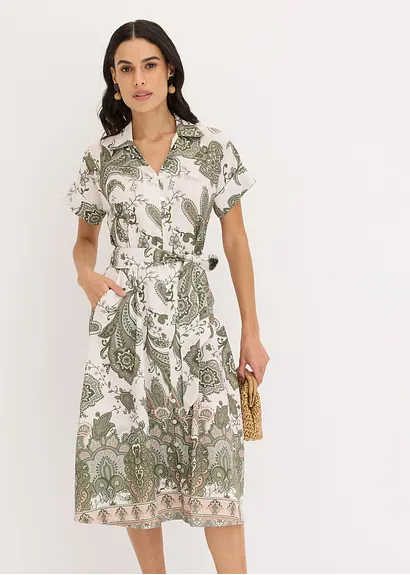 Kleid mit Bindeband in beige von vorne (Totalaufnahme) - bonprix