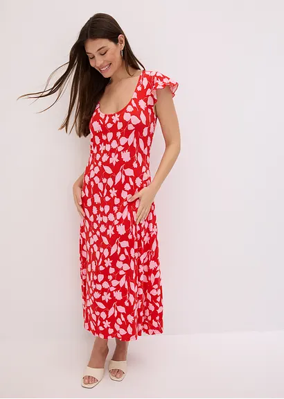 bedrucktes Jerseykleid aus softem Viskose-Mix in rot im Look von vorne (Totalaufnahme) - bonprix