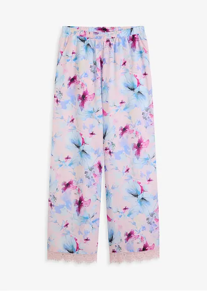 Lange Pyjamahose aus glänzendem Satin in rosa von vorne - bonprix