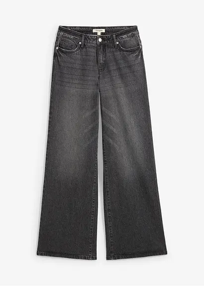 Wide-Leg-Jeans, Mid Waist, Low Stretch Full Length in schwarz von vorne - bonprix