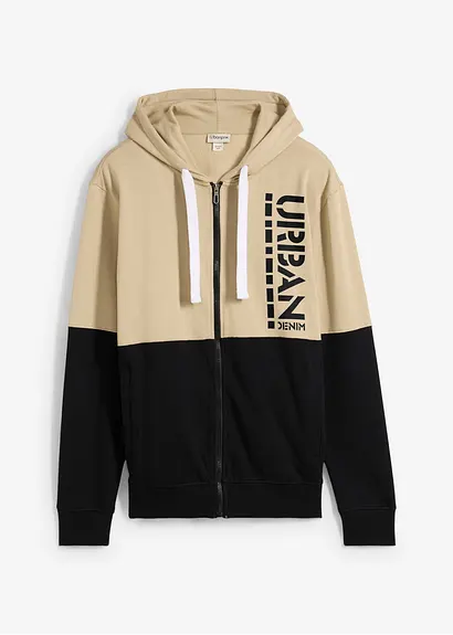 Kapuzen-Sweatjacke aus reiner Bio-Baumwolle in beige von vorne - bonprix