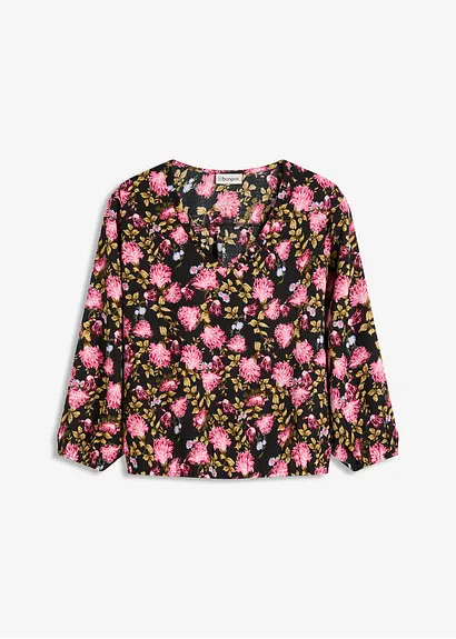 Chiffon-Bluse mit Blumendruck und Raffung am Saum in schwarz von vorne - bonprix