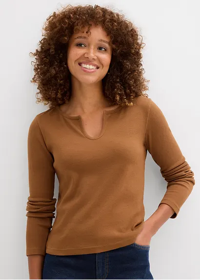 Rippshirt mit reiner Bio-Baumwolle in braun von vorne (im Anschnitt) - bonprix