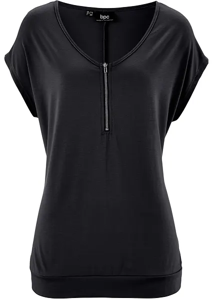 Shirt mit Reißverschluss, Kurzarm in schwarz von vorne - bonprix