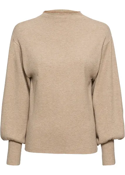 Strickpullover mit Ballonärmeln in beige von vorne - bonprix