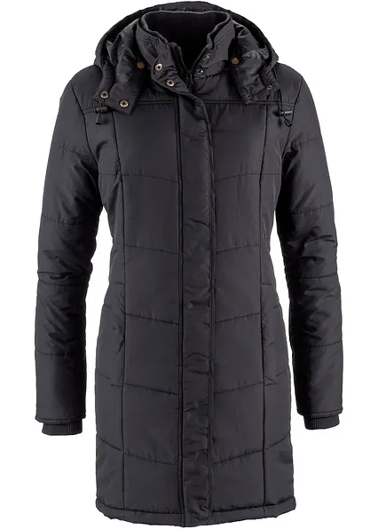 Long-Steppjacke, wattiert mit Kragen und Kapuze in schwarz - bonprix