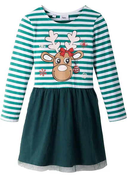 Weihnachtliches Mädchen Jerseykleid mit Tüll in petrol von vorne - bonprix