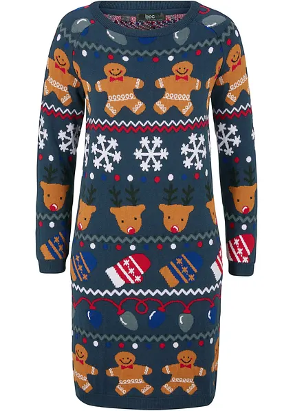 Weihnachts-Strickkleid in blau von vorne - bonprix