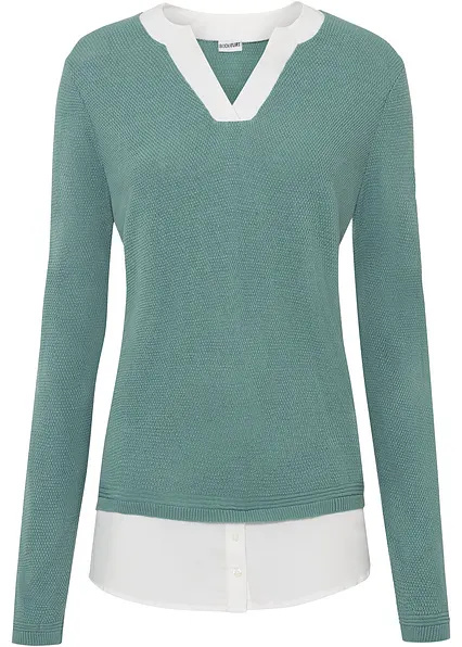 Feinstrickpullover mit Bluseneinsatz in grün von vorne - bonprix