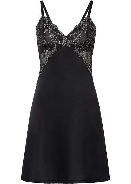 Negligé aus glänzendem Satin mit Spitzenbesatz in schwarz von vorne - bonprix