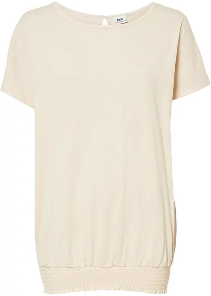 Flammgarn-Shirt aus Bio-Baumwolle mit Smockbund in beige von vorne - bonprix