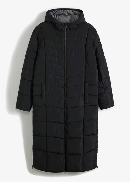 Langer Steppmantel mit Kapuze in schwarz von vorne - bonprix