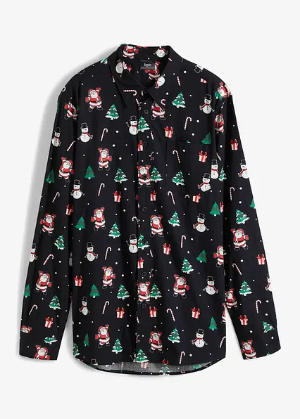 Langarmhemd mit Weihnachtsmotiv aus reiner Baumwolle in schwarz von vorne - bonprix